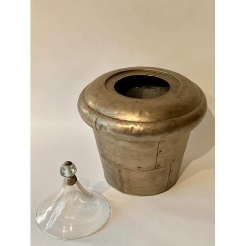 441 - Rivited Metal Storage Jar With  Glass Removable Lid. 41cm x 30cm.