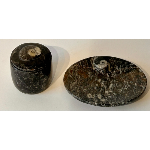 446 - Two Taxidermy Orthoceras Fossils In The Form Of A Lidded Jar A Tray.  (2)