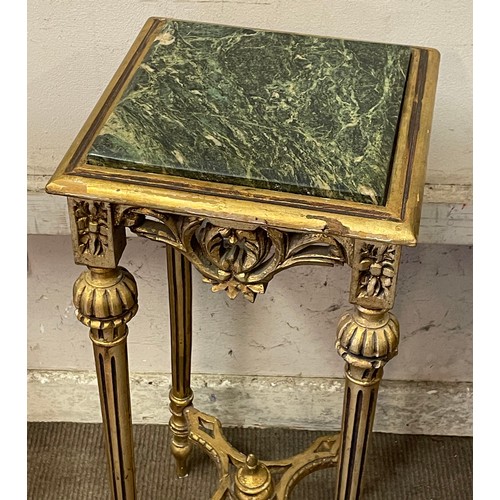 12 - French Marble Top Gilt Wood Table. 30 x31 x 73 cms