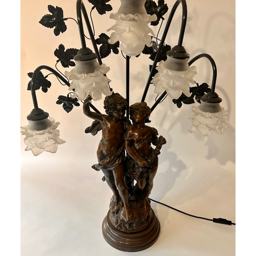 539 - Large Five Branch Bronzed Composite Lamp Of Two Young Lovers . 90cm x 59cm.