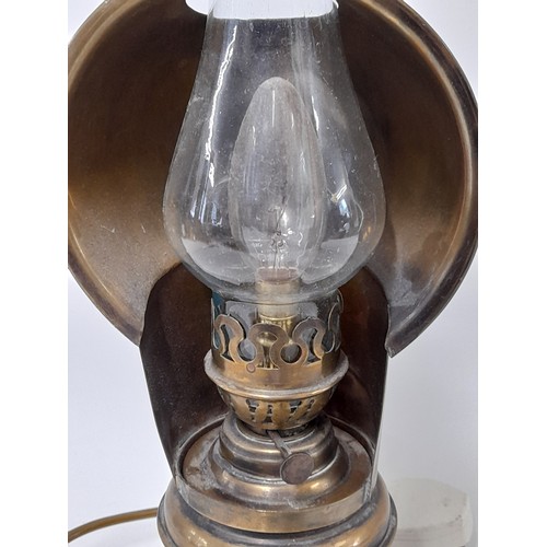 571 - Brass Oil Lamp with Brass Light Deflector converted to electric, 33cm high