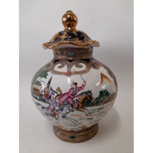 575 - Oriental Footed Bowl with Lid with European hunting scenes, 34cm high with Mark to base