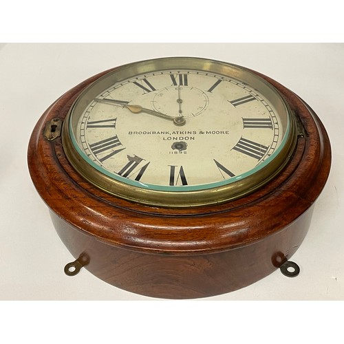 601 - Rare Antique Mahogany Wall Clock By Brookbank, Atkins & Moore London. 29cms Diameter