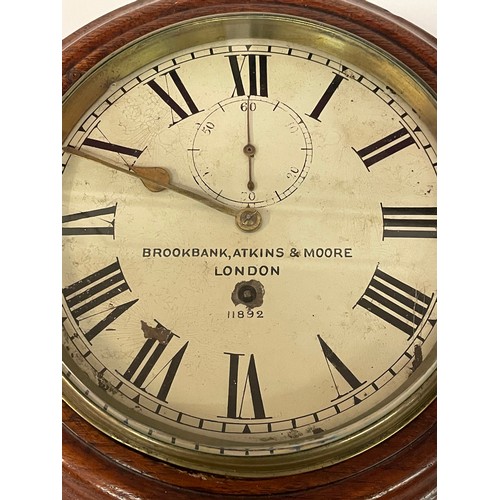 601 - Rare Antique Mahogany Wall Clock By Brookbank, Atkins & Moore London. 29cms Diameter