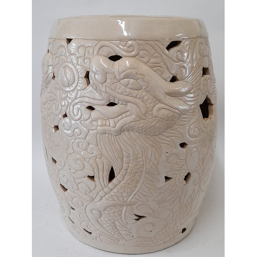 588 - Chinese Ceramic Garden Stool with Dragon Decoration, 44cm high