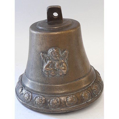 592 - Heavy Bronze Bell with cherub relief to 2 sides, 19cm high x 19cm diameter