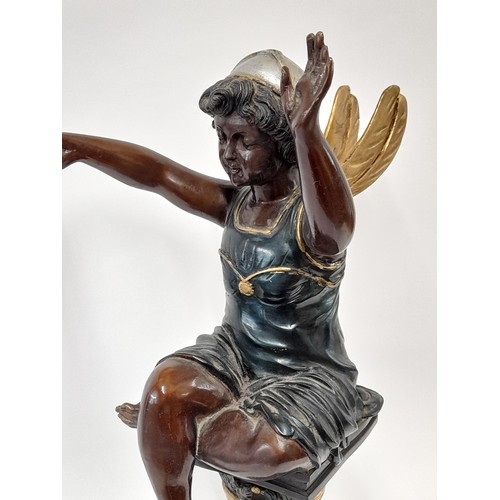 594 - Large Cold Painted  Bronze Figure Of A Fairy Playing a Tambourine Mounted On Column,  61cm high x 27... 