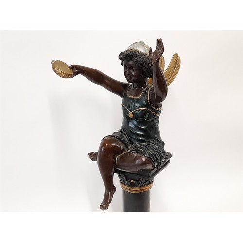 594 - Large Cold Painted  Bronze Figure Of A Fairy Playing a Tambourine Mounted On Column,  61cm high x 27... 