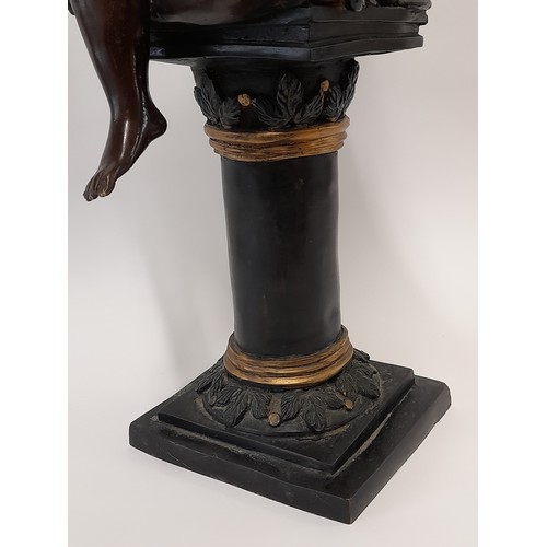 594 - Large Cold Painted  Bronze Figure Of A Fairy Playing a Tambourine Mounted On Column,  61cm high x 27... 