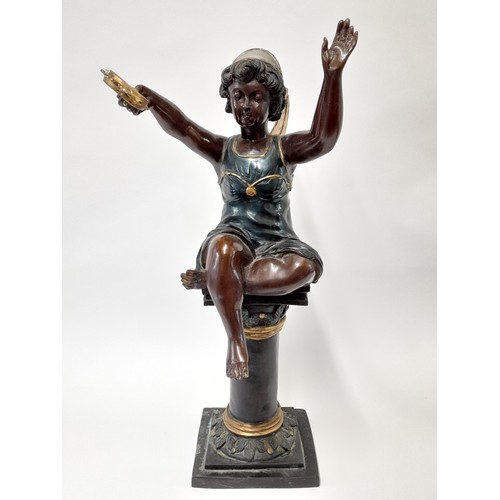 594 - Large Cold Painted  Bronze Figure Of A Fairy Playing a Tambourine Mounted On Column,  61cm high x 27... 