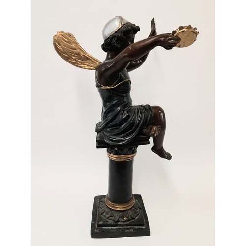 594 - Large Cold Painted  Bronze Figure Of A Fairy Playing a Tambourine Mounted On Column,  61cm high x 27... 