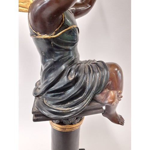 594 - Large Cold Painted  Bronze Figure Of A Fairy Playing a Tambourine Mounted On Column,  61cm high x 27... 