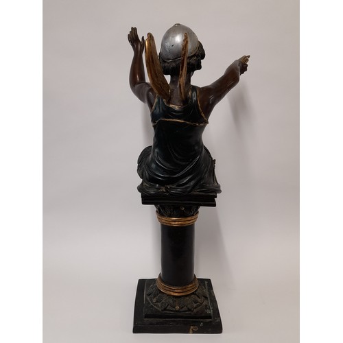 594 - Large Cold Painted  Bronze Figure Of A Fairy Playing a Tambourine Mounted On Column,  61cm high x 27... 