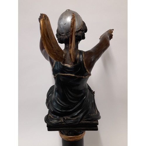 594 - Large Cold Painted  Bronze Figure Of A Fairy Playing a Tambourine Mounted On Column,  61cm high x 27... 