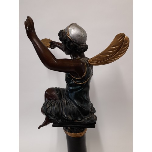 594 - Large Cold Painted  Bronze Figure Of A Fairy Playing a Tambourine Mounted On Column,  61cm high x 27... 