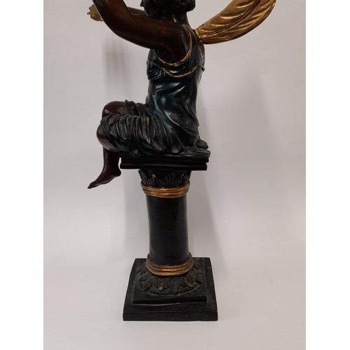 594 - Large Cold Painted  Bronze Figure Of A Fairy Playing a Tambourine Mounted On Column,  61cm high x 27... 