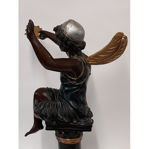 594 - Large Cold Painted  Bronze Figure Of A Fairy Playing a Tambourine Mounted On Column,  61cm high x 27... 