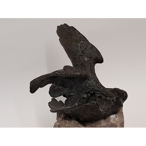 595 - Antique Bronze Figure of 2 Birds of Prey Fighting on a Rock Plinth, 34cm high x 21cm wide