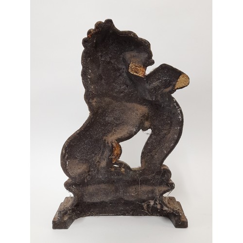 596 - Cast Iron Door Stop in the form of a Rampant Lion in Gold Paint, 37cm high x 25cm wide x 7cm deep