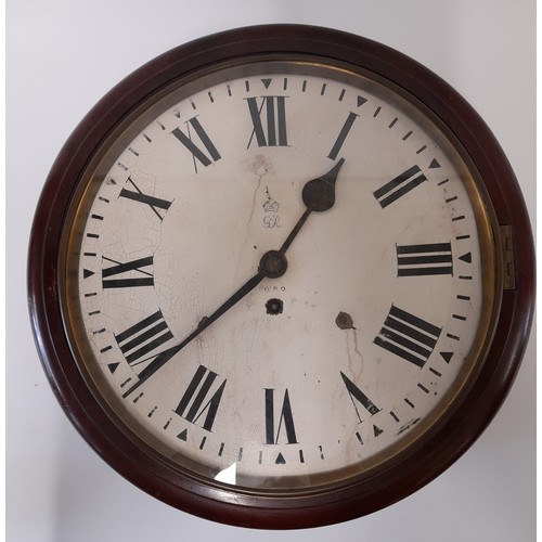 603 - 12inch dial Fusee Movement Wall Clock marked GPO, George Vl period with pendulum and key