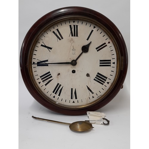 603 - 12inch dial Fusee Movement Wall Clock marked GPO, George Vl period with pendulum and key