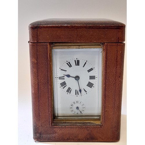 604 - French Carriage Clock with alarm in original Leather Bound Case with Key, 10cm x 10cm x14cm