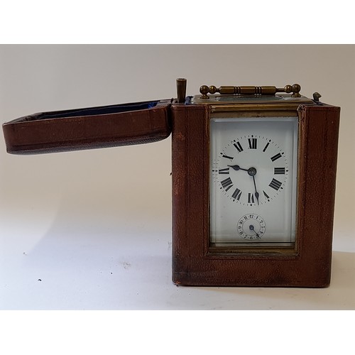 604 - French Carriage Clock with alarm in original Leather Bound Case with Key, 10cm x 10cm x14cm