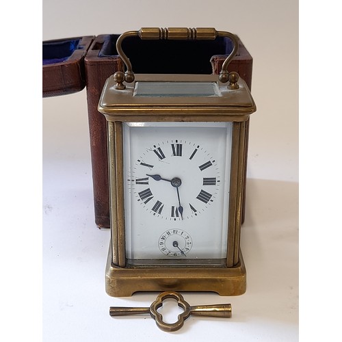 604 - French Carriage Clock with alarm in original Leather Bound Case with Key, 10cm x 10cm x14cm