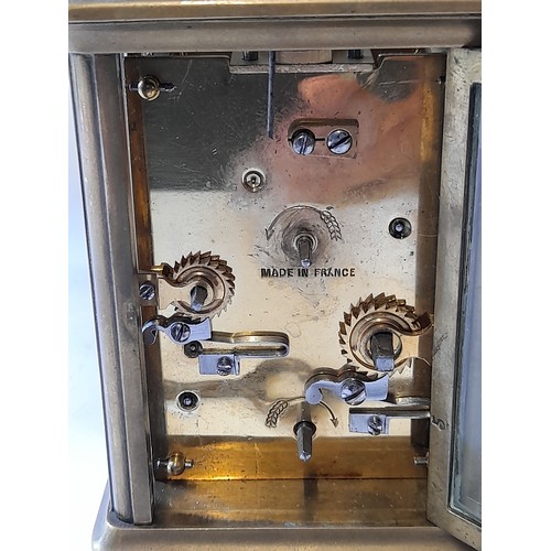 604 - French Carriage Clock with alarm in original Leather Bound Case with Key, 10cm x 10cm x14cm