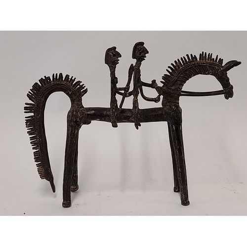 612 - Tribal Bronze Horse with two mounted Warriors, 29cm long x 23cm high