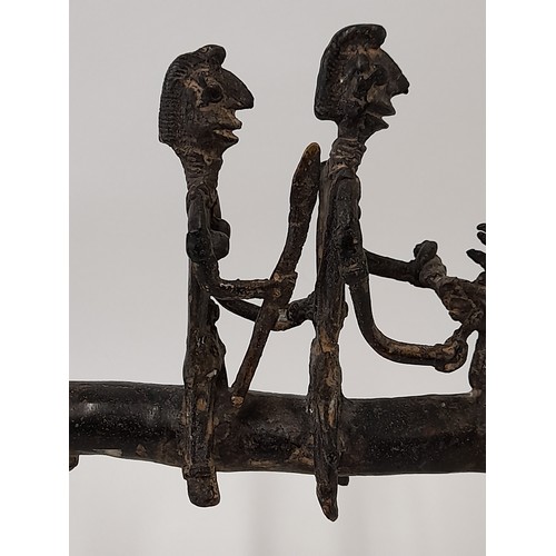 612 - Tribal Bronze Horse with two mounted Warriors, 29cm long x 23cm high