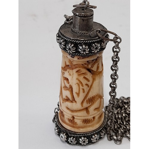 616 - Carved Bone Snuff container on Chain, 7cm high