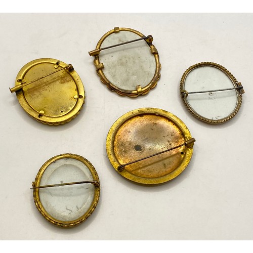 499 - Set of Five Continental Ceramic and Metal Cameo Brooches with Varying Designs. Largest 5.5cm x 4.5cm... 