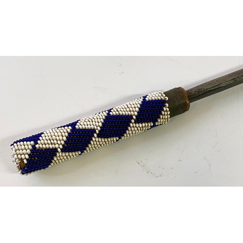 650 - Vintage Blue and White Tribal Bead Handle Metal Sickle Sword / Tool 79cm Length