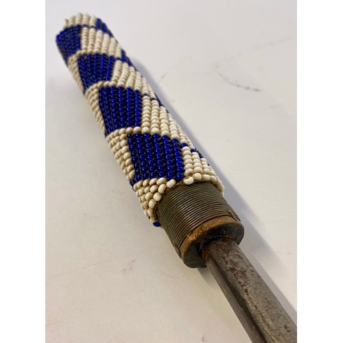 650 - Vintage Blue and White Tribal Bead Handle Metal Sickle Sword / Tool 79cm Length