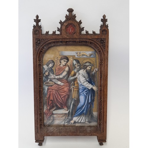 618 - 8 x Gothic Framed Religious scenes 'Station of the Cross' Hand Coloured Engravings, 33cm high x 18cm... 