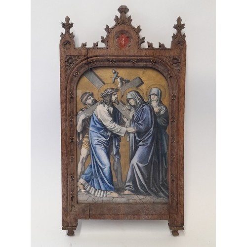 618 - 8 x Gothic Framed Religious scenes 'Station of the Cross' Hand Coloured Engravings, 33cm high x 18cm... 