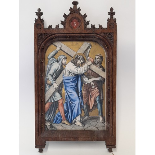 618 - 8 x Gothic Framed Religious scenes 'Station of the Cross' Hand Coloured Engravings, 33cm high x 18cm... 