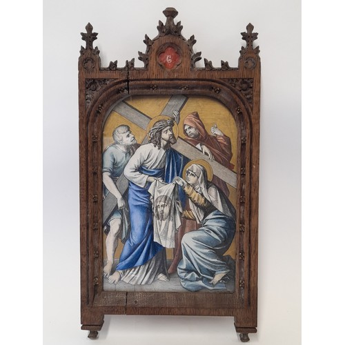 618 - 8 x Gothic Framed Religious scenes 'Station of the Cross' Hand Coloured Engravings, 33cm high x 18cm... 