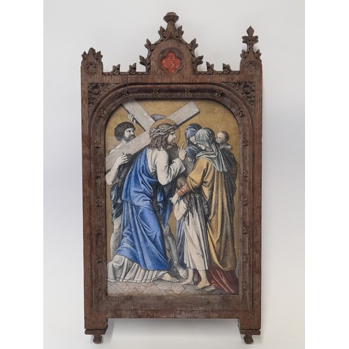 618 - 8 x Gothic Framed Religious scenes 'Station of the Cross' Hand Coloured Engravings, 33cm high x 18cm... 