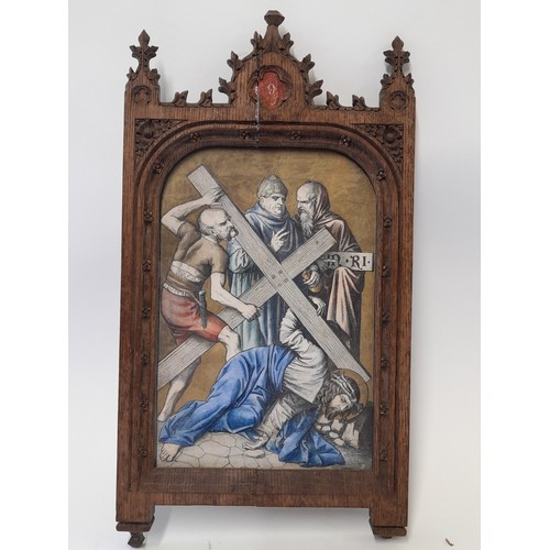 618 - 8 x Gothic Framed Religious scenes 'Station of the Cross' Hand Coloured Engravings, 33cm high x 18cm... 