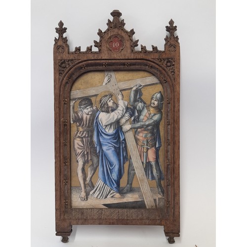 618 - 8 x Gothic Framed Religious scenes 'Station of the Cross' Hand Coloured Engravings, 33cm high x 18cm... 