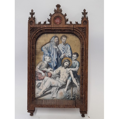 618 - 8 x Gothic Framed Religious scenes 'Station of the Cross' Hand Coloured Engravings, 33cm high x 18cm... 