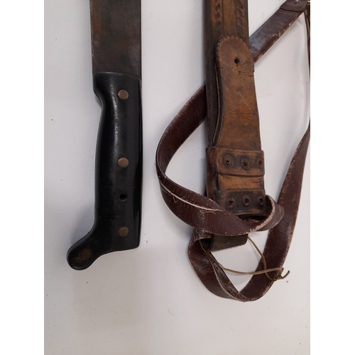 672 - Long Machete with Leather Scabbard, Blade 56cm long, possibly Collins Legitimus