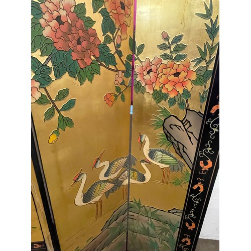 15 - Chinese Four Panel Room Divider With Double Sided Depictions. 185 x 165 cms