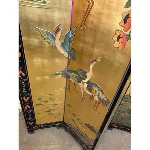 15 - Chinese Four Panel Room Divider With Double Sided Depictions. 185 x 165 cms