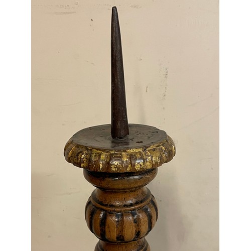 23 - Antique Wood Church Pricket Candle Stick With Traces Of Gilding  164 cms High
