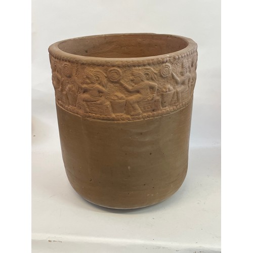 39 - Terracotta Planter With Aztec Style Decoration. 38 cms Diameter X 42 cms High.