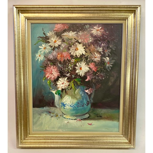 70 - Framed Acrylic/Oil on Canvas Painting of Flowers in a Teapot Vase, Signature to Bottom Right 77cm x ... 