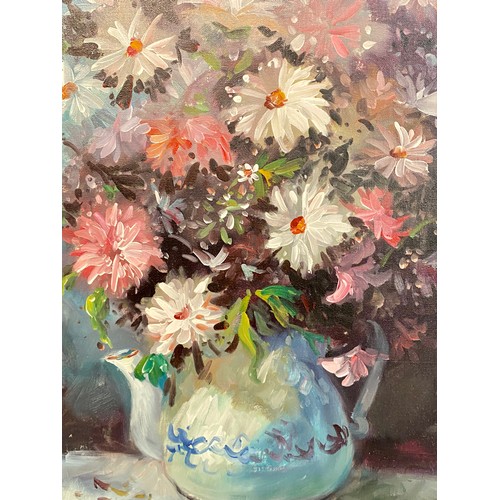 70 - Framed Acrylic/Oil on Canvas Painting of Flowers in a Teapot Vase, Signature to Bottom Right 77cm x ... 
